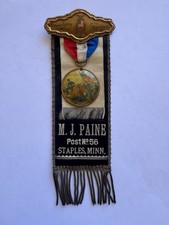 Antique Civil War G.A.R. Ribbon Badge named M.J. Paine Staples, MN.  Post 56  picture