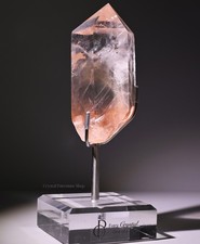 Large Clear Quartz Crystal Point Orange Mineral Inclusions w/ Acrylic Stand 600g picture