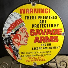 VINTAGE 1957 DATED SAVAGE ARMS THE 2ND AMENDMENT 10” PORCELAIN GAS OIL SIGN picture
