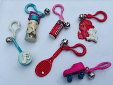 6 Vintage 80s Plastic Clip On Bell Charms Thermos Head Phones Battery Boy Dog picture
