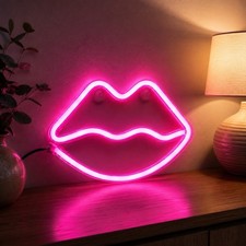 Pink Lips Neon Sign LED Light Up Wall Decor USB Battery Bedroom Party Girls Gift picture