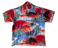 Vintage 1950s Made in Japan Rayon Hawaiian Shirt Trees Scenic Crepe  size M picture