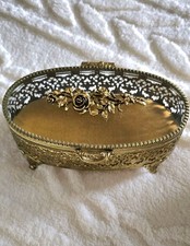 Vintage  Matson Ormolu Gold Rose Casket Jewelry Box Beveled Glass Footed Velvet  picture