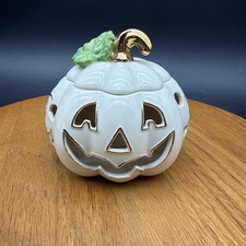Lenox Pierced Pumpkin Votive Tea Light Candle Holder Gold Trim Rare Green Leaves picture