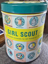 Vintage 1950s Girl Scout Peanut Crunch Tin Lummis Co Merit Badge Graphics GSUSA picture