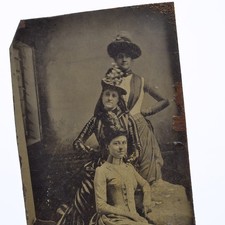 Antique 1800s Tintype Victorian Women Ladies Fancy Dress & Hats Group Portrait picture