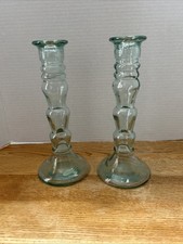 Pair Recycled Green Glass Candle Stick Holders Hand Blown From Spain  picture