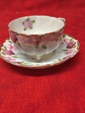 VINTAGE PORCELAIN FOOTED TEACUP & SAUCER SET HAND-PAINTED PINK FLORAL MOTIF (1) picture