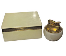 VINTAGE ONYX CIGARETTE TRINKET BOX & TABLETOP LIGHTER SMOKING SET BELGIUM picture