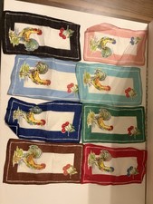 Vintage Mid Century Rooster Cocktail Napkins Linen Cotton Set of 8 Multi Color picture