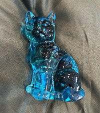 Vintage Mosser Glass Fluffy KittyFigurine  3inch– Translucent Buffet BlueAqua picture