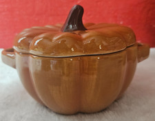 Orange Ceramic Pumpkin Soup Bowl with Lid Handles Fall Thanksgiving Autumn Decor picture