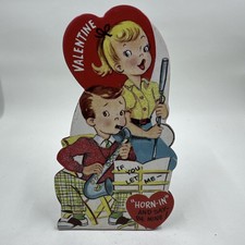 Vintage-look Valentine Die cut stand up girl boy playing instruments picture