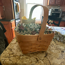 Longaberger Handwoven Wood Storage Basket Rectangle Handle Floral Liner 12.5