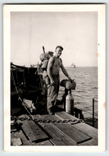 Photo WWII Era Shirtless Military Man Aboard Boat With Gear Ocean Scene 1940s picture