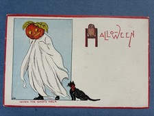 Vintage Antique Halloween Postcard A/S Wall When Ghosts Walk Black Cat Gibson picture
