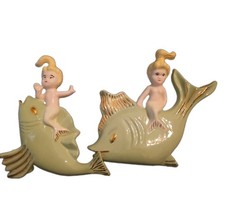 Pair Of Vintage RARE Mermaid Riding Fish Wall Plaque Set -Retro Arnels picture