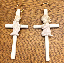 Pair Ceramic Praying Boy & Girl Cross Wall Hangings, Made in Taiwan picture