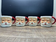 Vintage Santa Claus Face Mugs Set of 4 Ceramic Red Handle Christmas Cups 3” picture