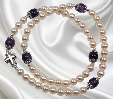 Handmade Five Decade Catholic Rosary Bracelet with  Amethyst & Shell Pearl Beads picture