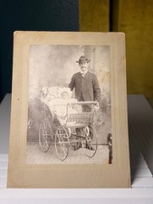 Antique 1890s Cabinet Card Photo Father Baby Victorian Wicker Carriage Pram picture