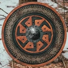 Authentic Brown Hand Carved Battleworn 24'' Medieval Wooden Round Shield Viking picture