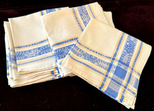 12 Vintage French Jacquard Luncheon Napkins in White, Blue & Yellow B391 picture