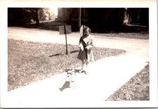 Young Girl Walking Small Dog, 1940s Vintage B&W Snapshot Photo picture