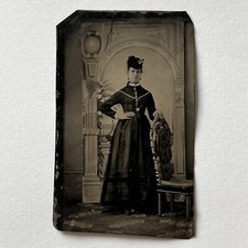 Antique Tintype Photograph Lovely Woman Fantastic Dress & Hat Hand On Hip picture