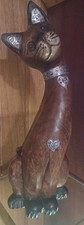 Vintage Hand Carved Large Wooden Cat Figurine with Silver Plate Accents Exc Cond picture