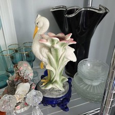 Antique Majolica Stork Crane Statue with Blue Base and Flower picture