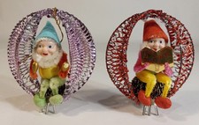 Vintage SHINY BRITE Chenille ELF Christmas Ornament Lot of 2-Foil-Mesh-Pinecone picture