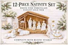 VTG (12) Piece Fine Porcelain Nativity Set  White W/ Gold Trim & W/ Large Stable picture