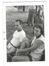 Vintage Vernacular Snapshot 1957 Pensive Couple at Picnic picture