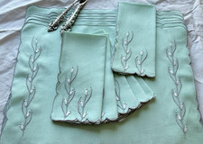 Vintage Madeira Linen Hand Embroidered Placemats Mint Green Set for 6 ( 12 pc ) picture