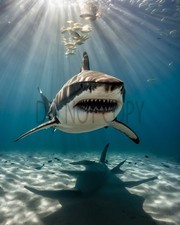 Great White Shark Open Jaws Sunlit Ocean Underwater Photo Art Print picture