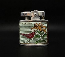 Vintage Pocket Lighter Goldenrod Cardinal Bird Scene Embossed Collectible picture