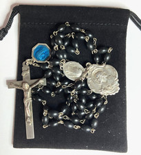 VTG STERLING SILVER & EBONY ROSARY, NECKLACE - CRUCIFIX + CENTER + 2 MEDALLIONS picture