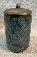 Vintage MCM Green Marble & Brass Lidded Canister Tabletop Cigarette Holder Jar picture