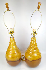 Pair 29” Gold Mustard Brown Drip Glaze Swirl Table Lamps Tiki Pottery Modern MCM picture