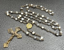 Vintage Brass Mother of Pearl Catholic Rosary Necklace Crucifix Medal Unique 26” picture