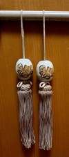 Japanese Porcelain Cityscape Hanging Scroll Weights Fuchin Pair w/ Gold Tassels picture