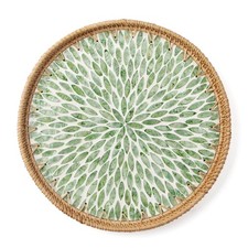 Round Rattan Tray with Mother of Pearl Inlay - Decorative Wooden Serving Tray picture