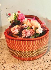 Large Ghana Bolga Basket 17” Handwoven Market Tote Fair Trade Leather picture
