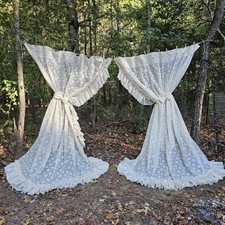 Vintage 70s/80s Priscilla Lace Curtains Creamy White Floral Ruffled Panels 87