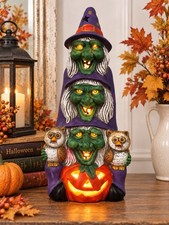 Vintage Halloween Witch Totem 3 Witches Owls Pumpkin 10.5” 1980s 1990s Decor picture