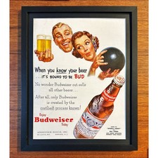 Framed Original Print Ad 1954 Budweiser Beer Vintage Bowling Night picture