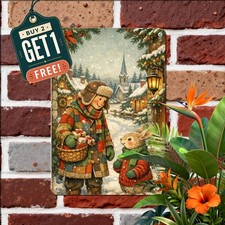 Winter Christmas Village Elf Metal Sign Dressed Rabbit Wall Decor Plaque picture