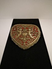 Vintage Footed Silver Trinket Box Red Velvet Lined heart shaped / Cherub &flower picture