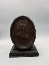 Vintage Carved Wood Woman Portrait Profile Oval Plaque Tabletop Stand 7” * picture